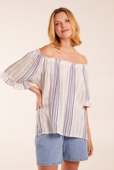 Blue - Metallic Strip Bardot Top by Blue Vanilla