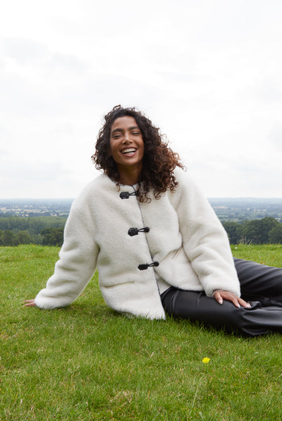 Cream - Collarless Toggle Detail Faux Fur Jacket by Blue Vanilla
