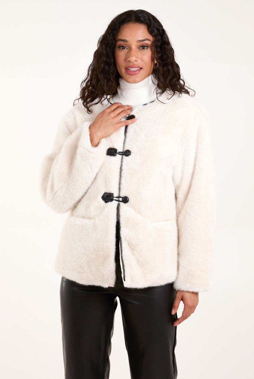 Collarless Toggle Detail Faux Fur Jacket BV246124013