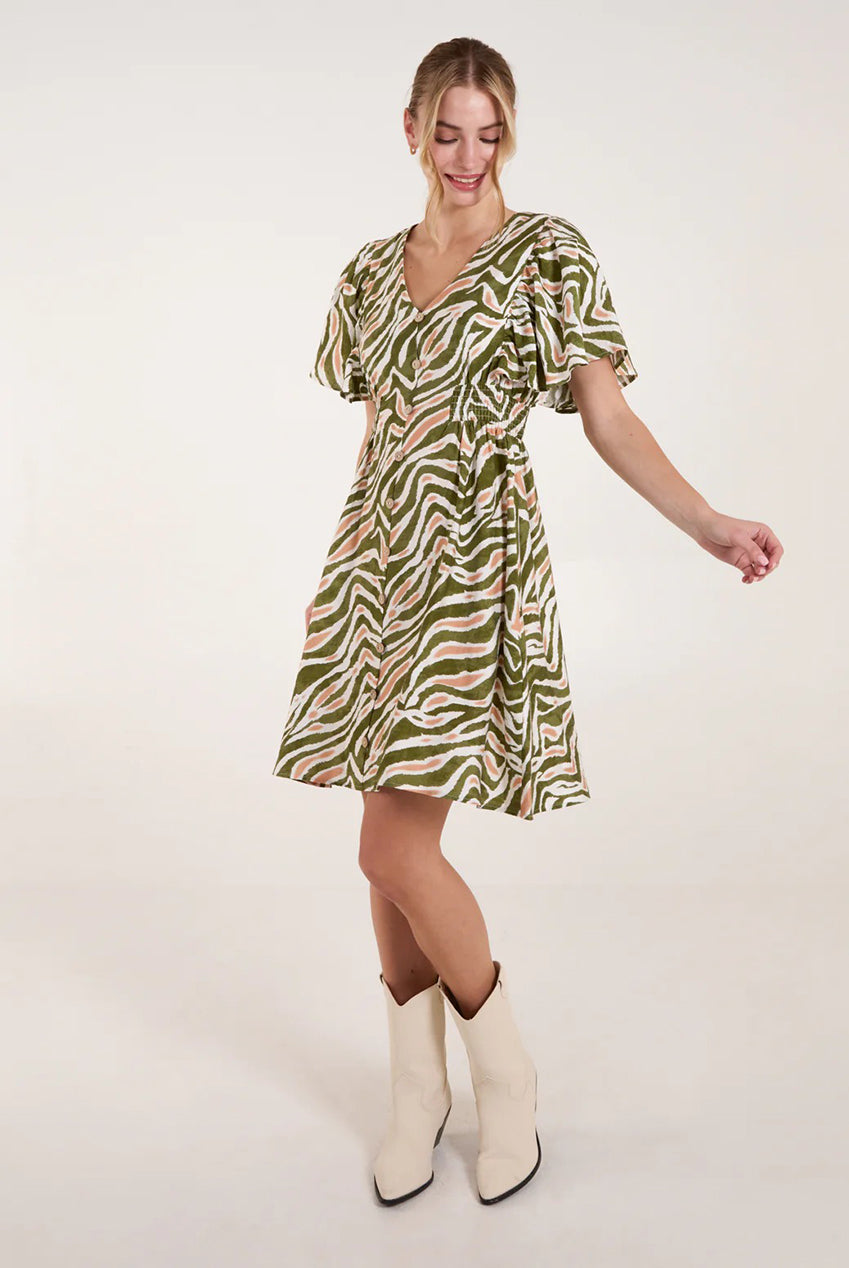 Button Front Shirred Waist Mini Dress BV257844056A