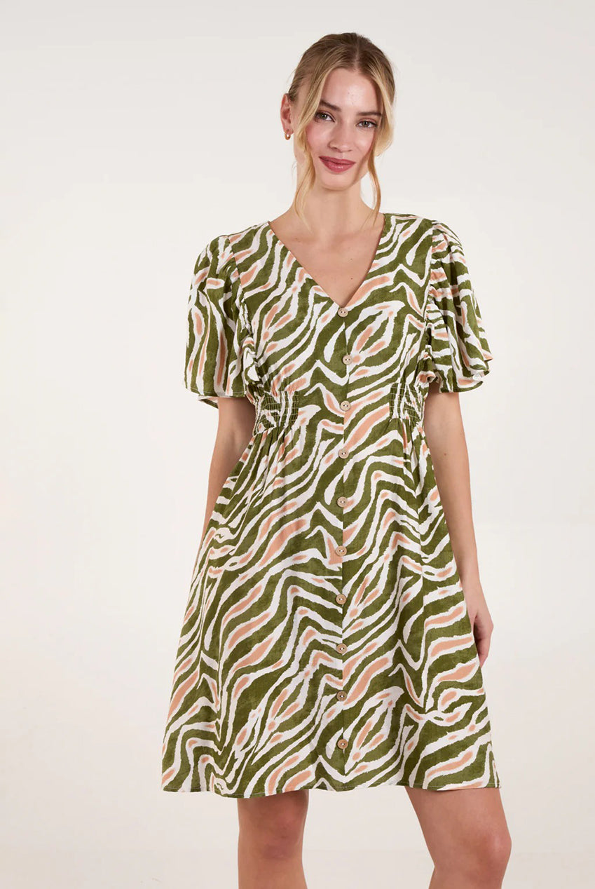 Button Front Shirred Waist Mini Dress BV257844056A