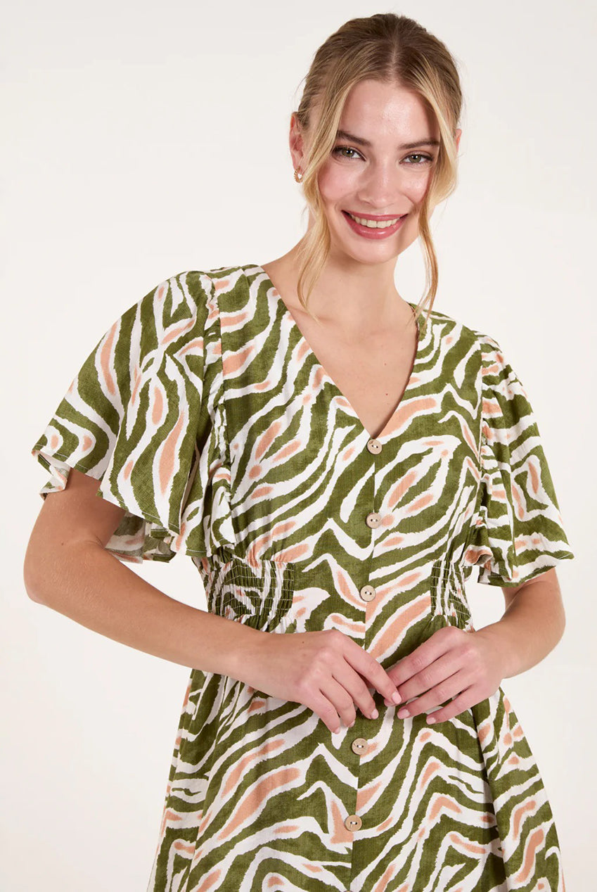 Button Front Shirred Waist Mini Dress BV257844056A