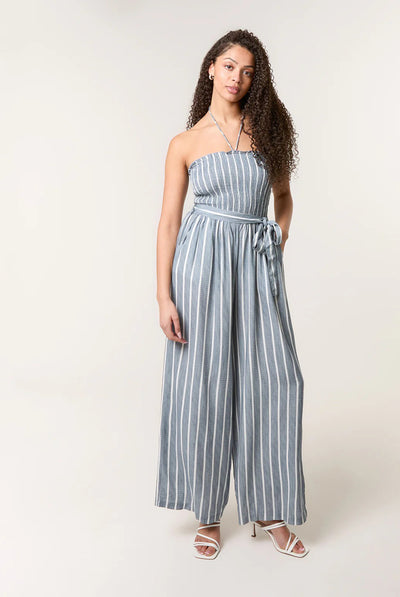 Denim Blue - Shirred Tie Neck Jumpsuit by Blue Vanilla