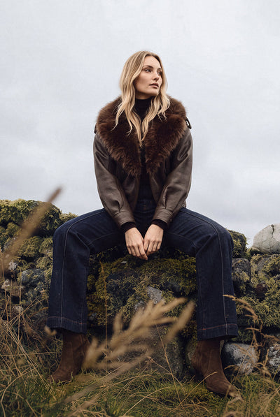 Chocolate - PU Faux Fur Trimmed Jacket by Blue Vanilla