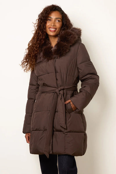 Chocolate - Pelted Faux Fur Short Puffer by Blue Vanilla