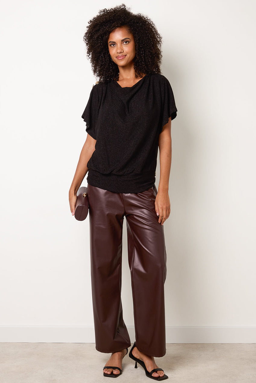 Button Detail Draped Cowl Neck Top BV261400003