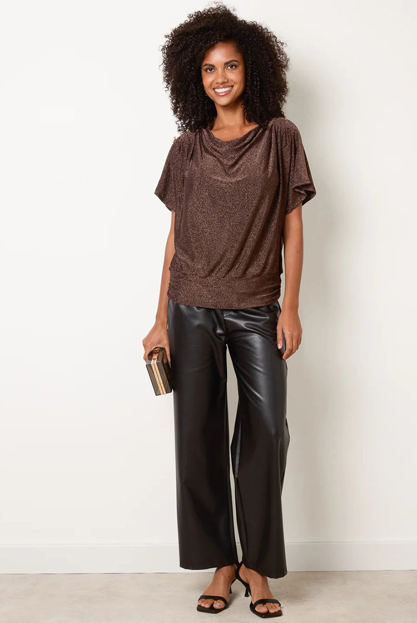 Button Detail Draped Cowl Neck Top BV261400184