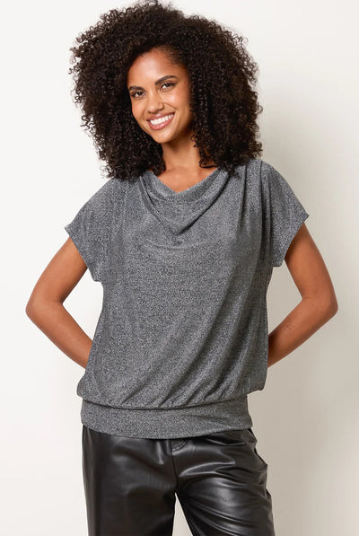 Silver - Cowl Neck Draped Top by Blue Vanilla