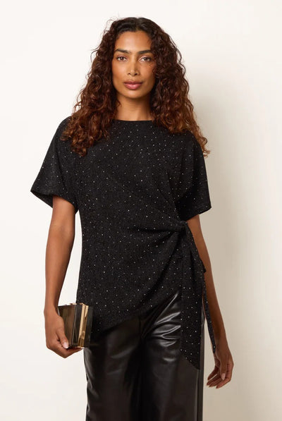Black - Side Tie Rhinestone Jacquard Top by Blue Vanilla