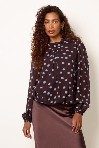 Chocolate - Polka Dot Cowl Neck Puff Ball Blouse by Blue Vanilla