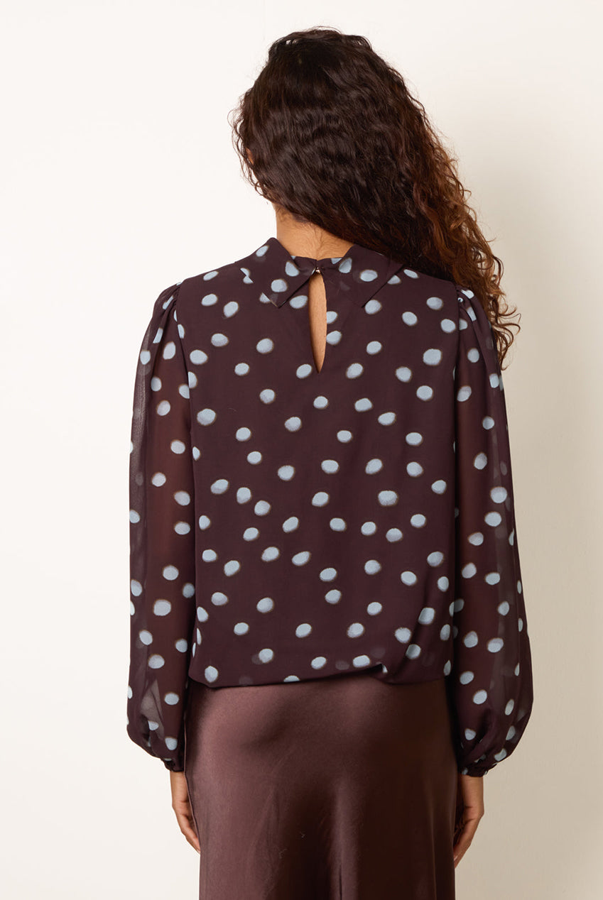 Polka Dot Cowl Neck Puff Ball Blouse BV261428030