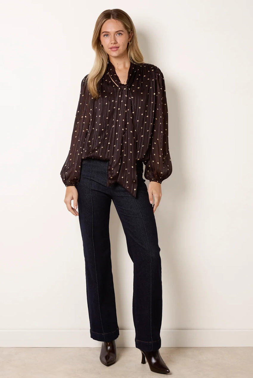 Metallic Polka Dot V Neck Tie Puff Ball Blouse BV261430030