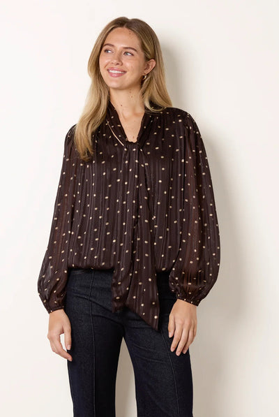 Chocolate - Metallic Polka Dot V Neck Tie Puff Ball Blouse by Blue Vanilla