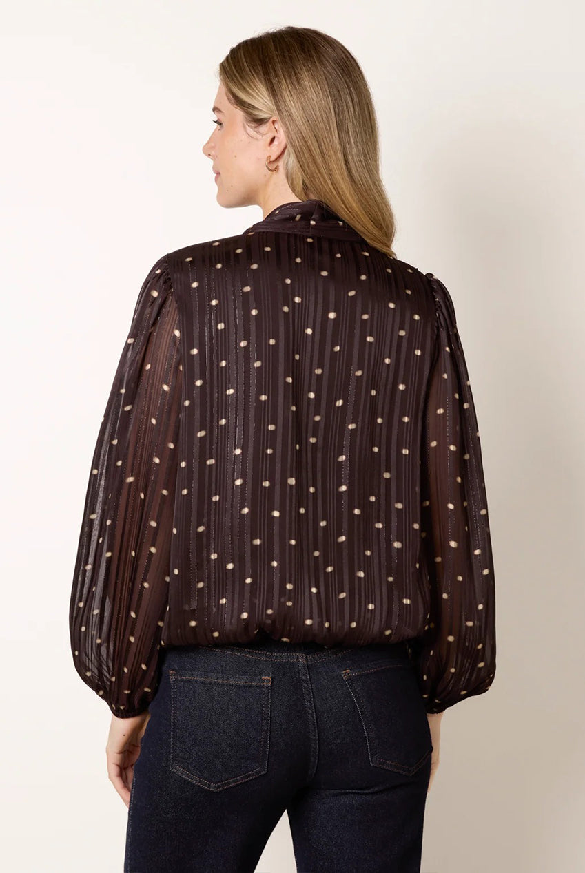 Metallic Polka Dot V Neck Tie Puff Ball Blouse BV261430030