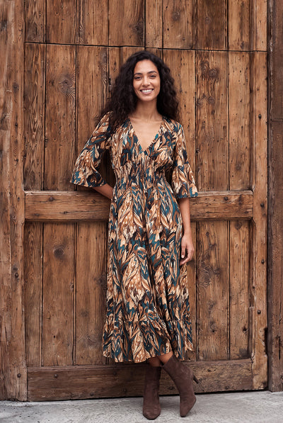 Chocolate - Elasticated Shirred Waist V Neck Midi Dress by Blue Vanilla