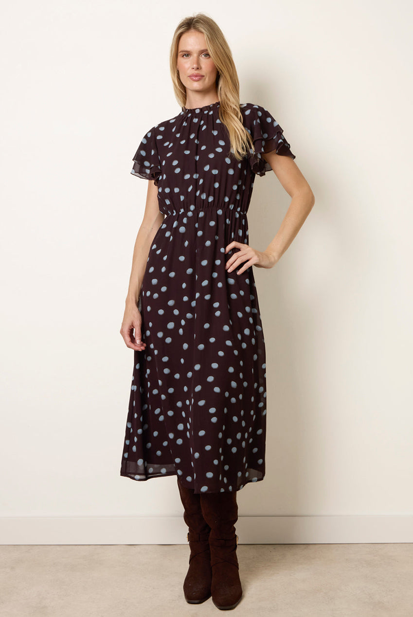 Polka Dot Frill Neck Midi Dress BV261829030