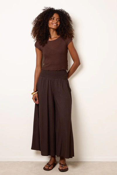 Chocolate - Wide Leg Shirred Waist Wavy Trousers by Blue Vanilla