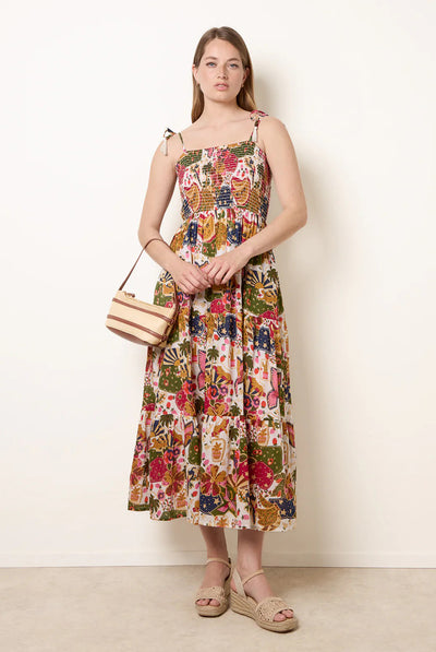 White - Bold Print Shirred Waist Dress by Blue Vanilla