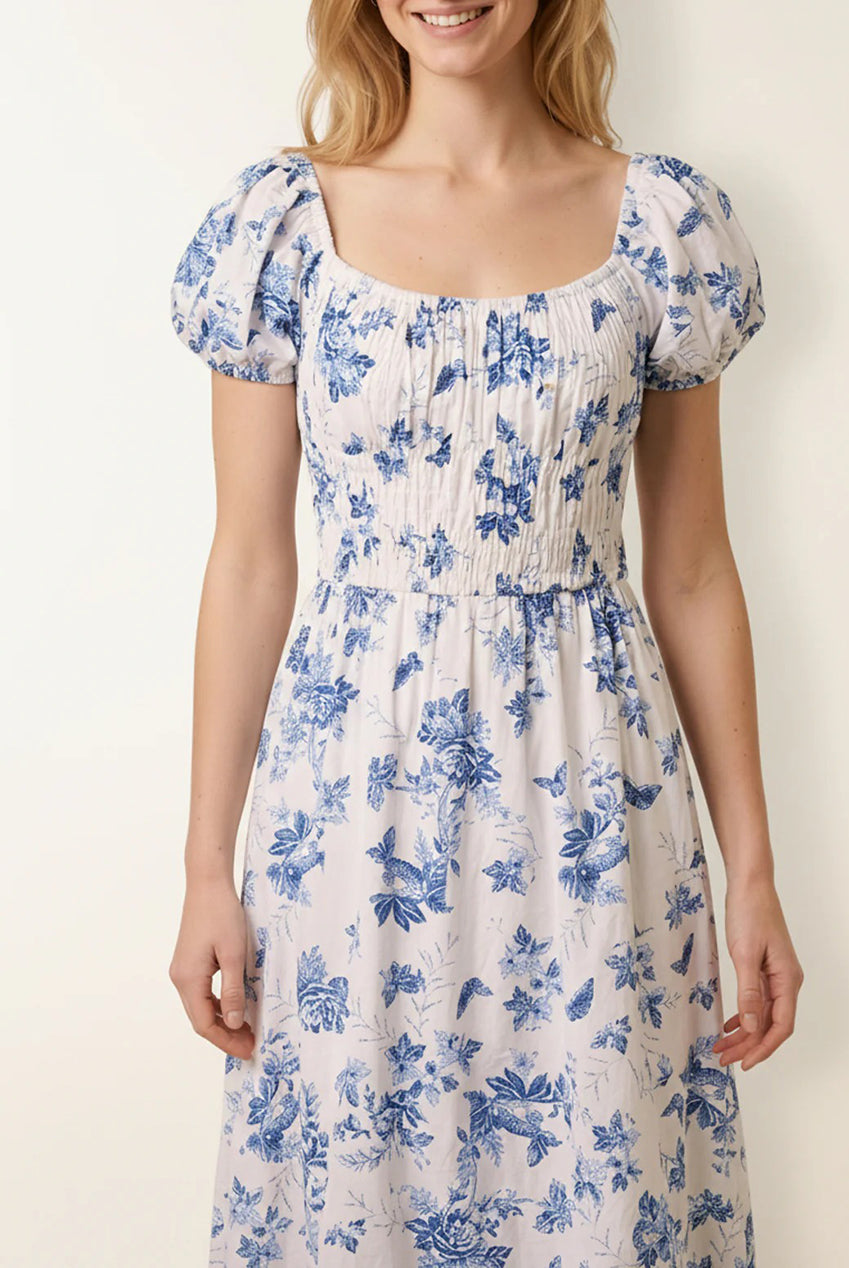 Off The Shoulder Puff Sleeve Shirred Print Dress BV269805069