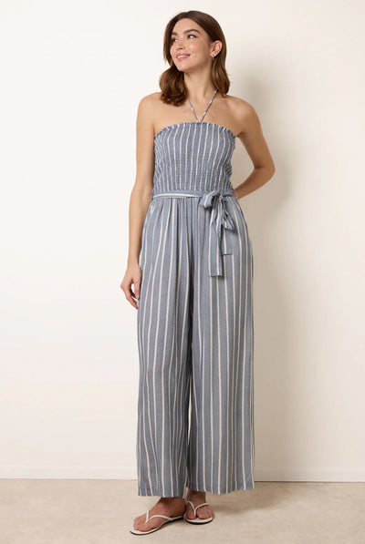 Denim Blue - Bardot Tie Neck Pinstripe Jumpsuit by Blue Vanilla