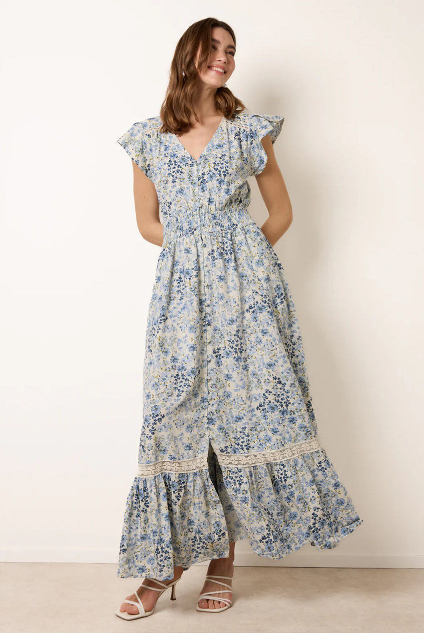 Ditsy Floral Print Shirred Waist Button Front Maxi Dress BV269812002