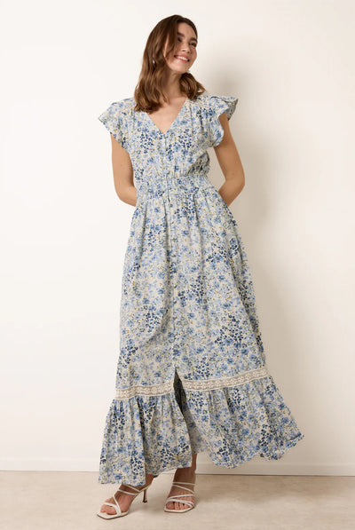 Blue - Ditsy Floral Print Shirred Waist Button Front Maxi Dress by Blue Vanilla