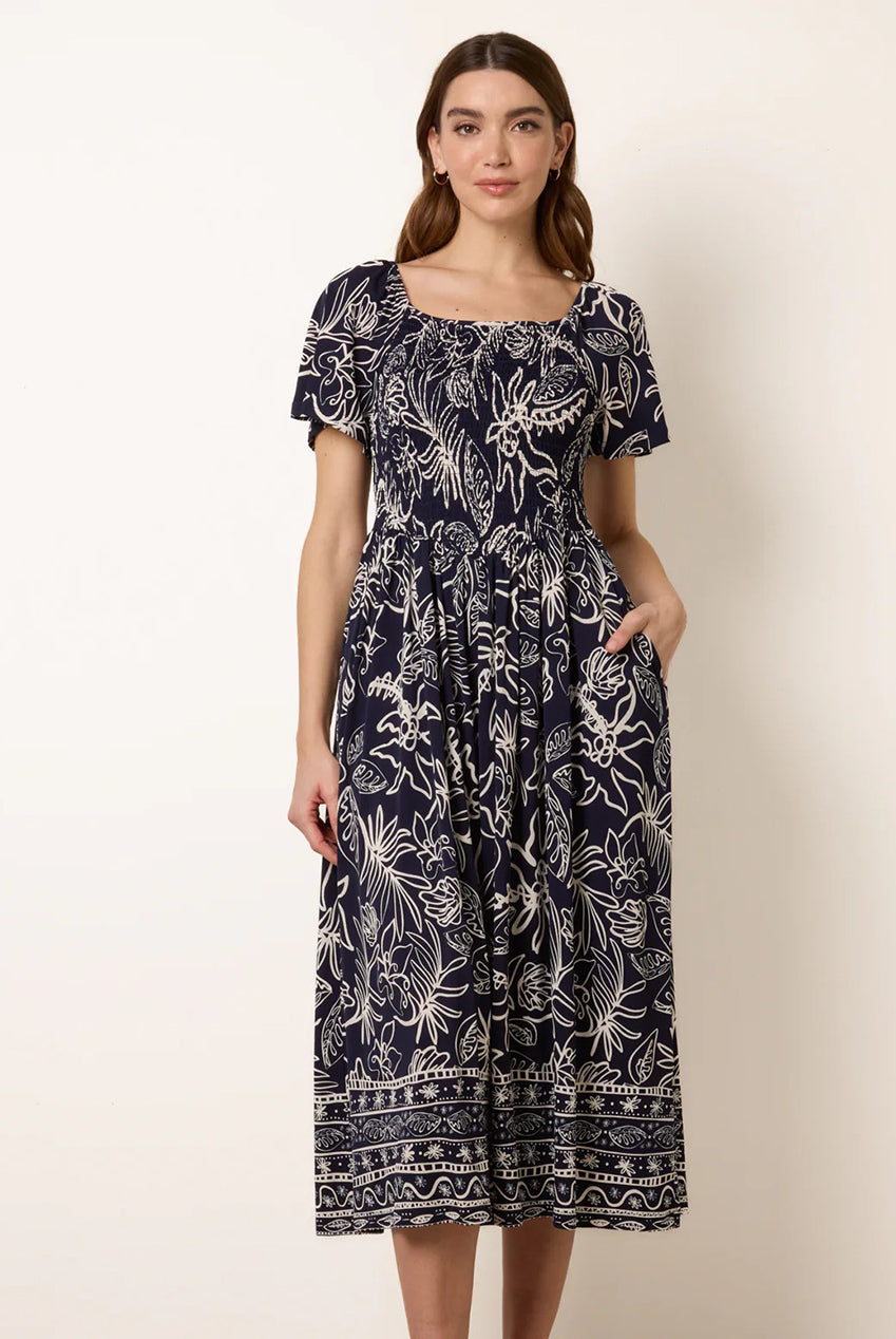 Shirred Drop Waist Midi Dress BV269834008