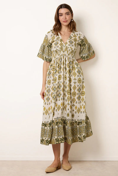 Lime - V Neck Border Print Dress by Blue Vanilla