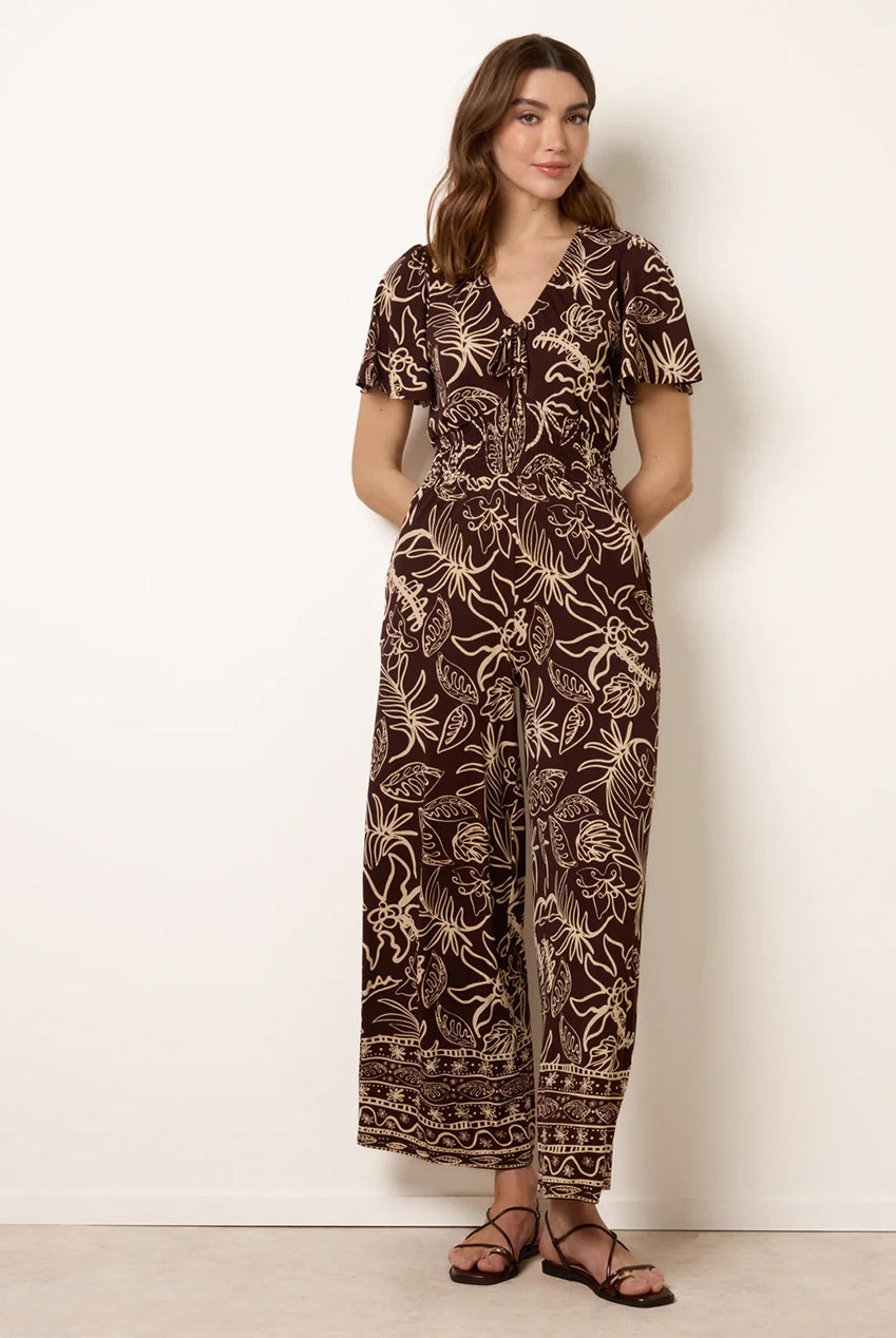 Tropical Print Shirred Waist Elasticated Round Neck Jumpsuit BV269837025