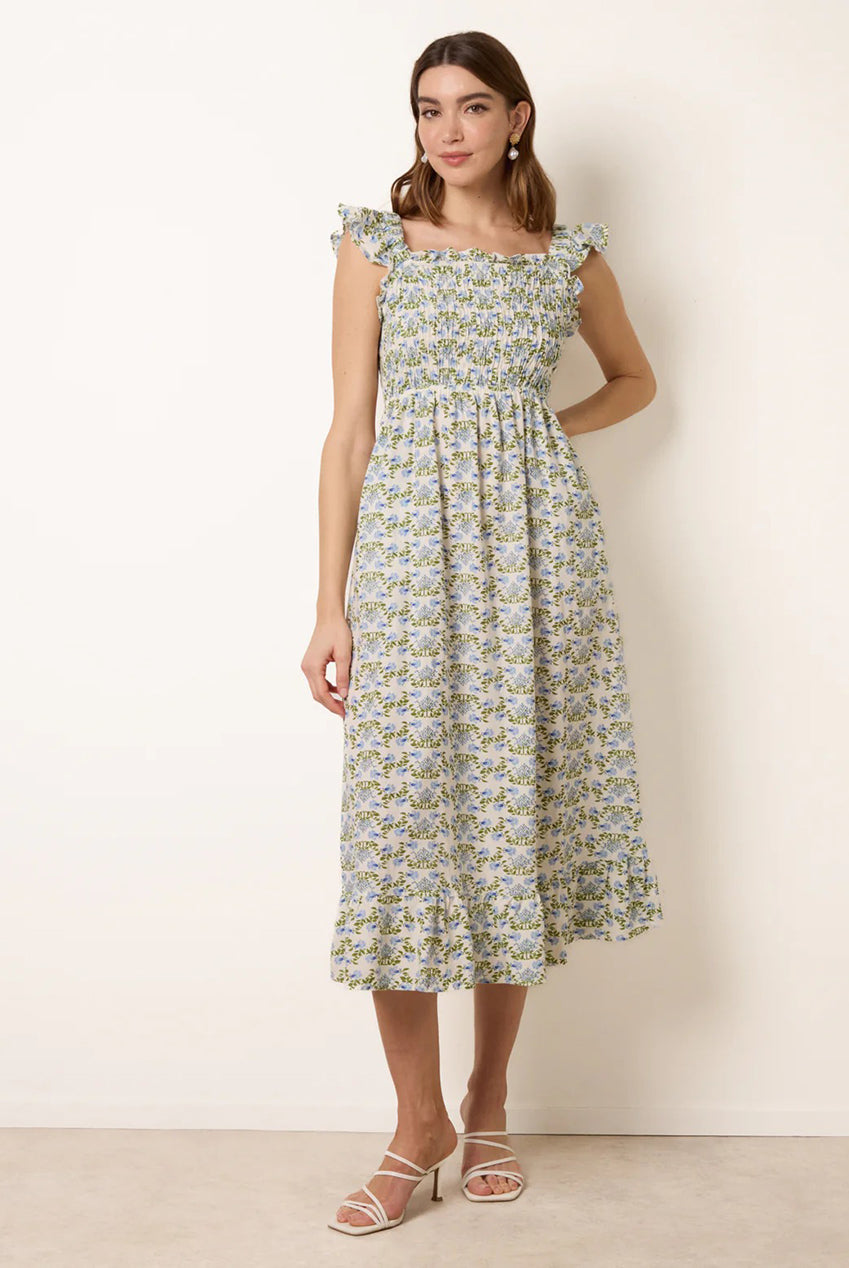 Floral & Frill Shirred Bodice Midi Dress BV269878002