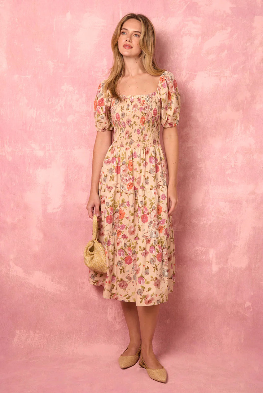 Milkmaid Floral Puff Sleeve Shirred Midi Dress BV269879063