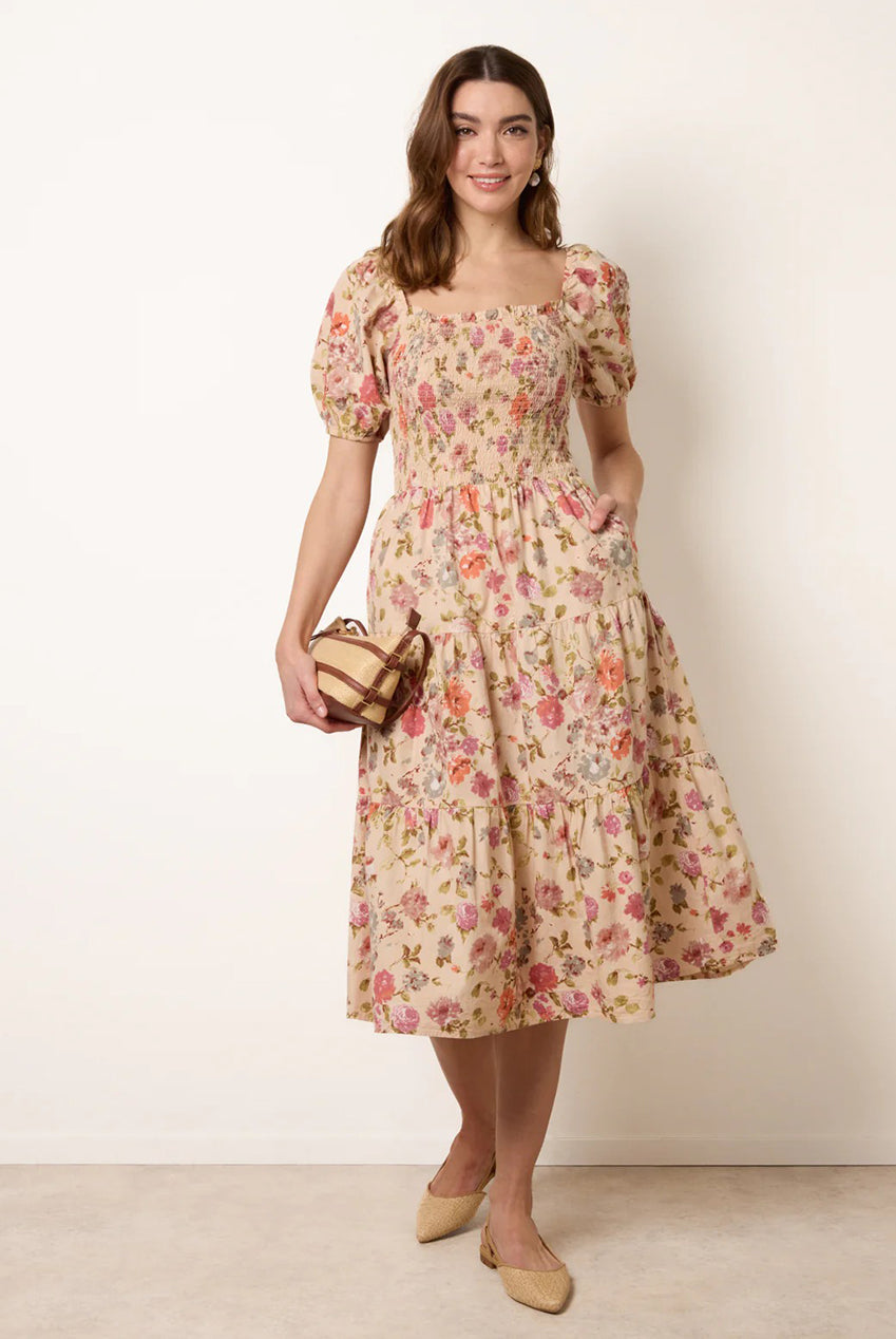 Milkmaid Floral Puff Sleeve Shirred Midi Dress BV269879063
