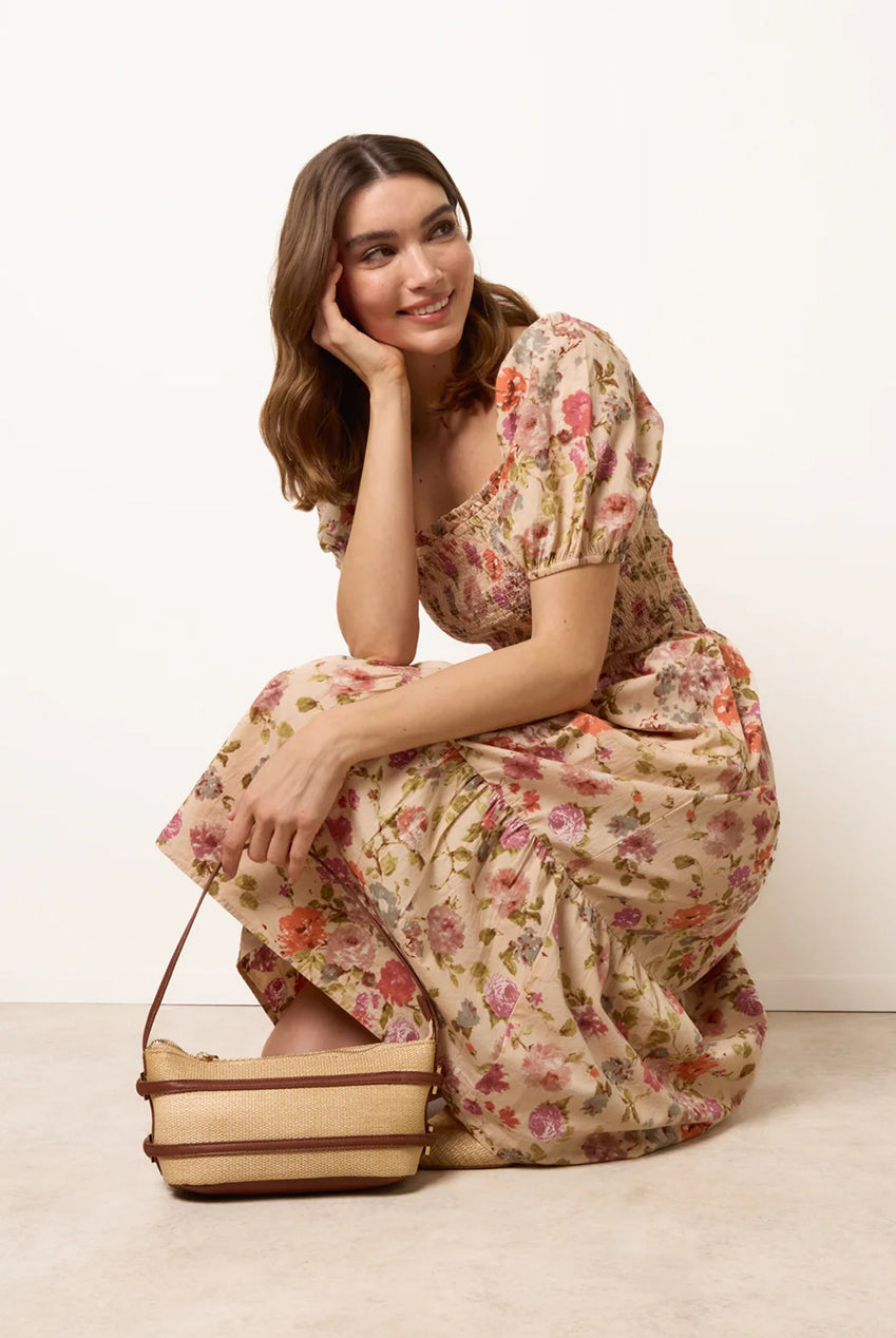 Milkmaid Floral Puff Sleeve Shirred Midi Dress BV269879063