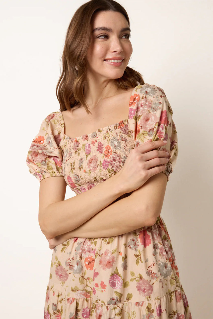 Milkmaid Floral Puff Sleeve Shirred Midi Dress BV269879063