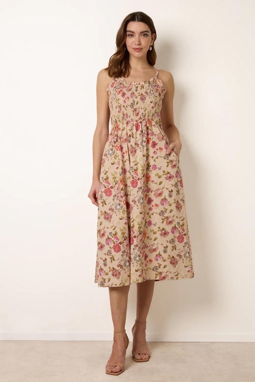 Floral Shirred Strappy Midi Dress BV269880063