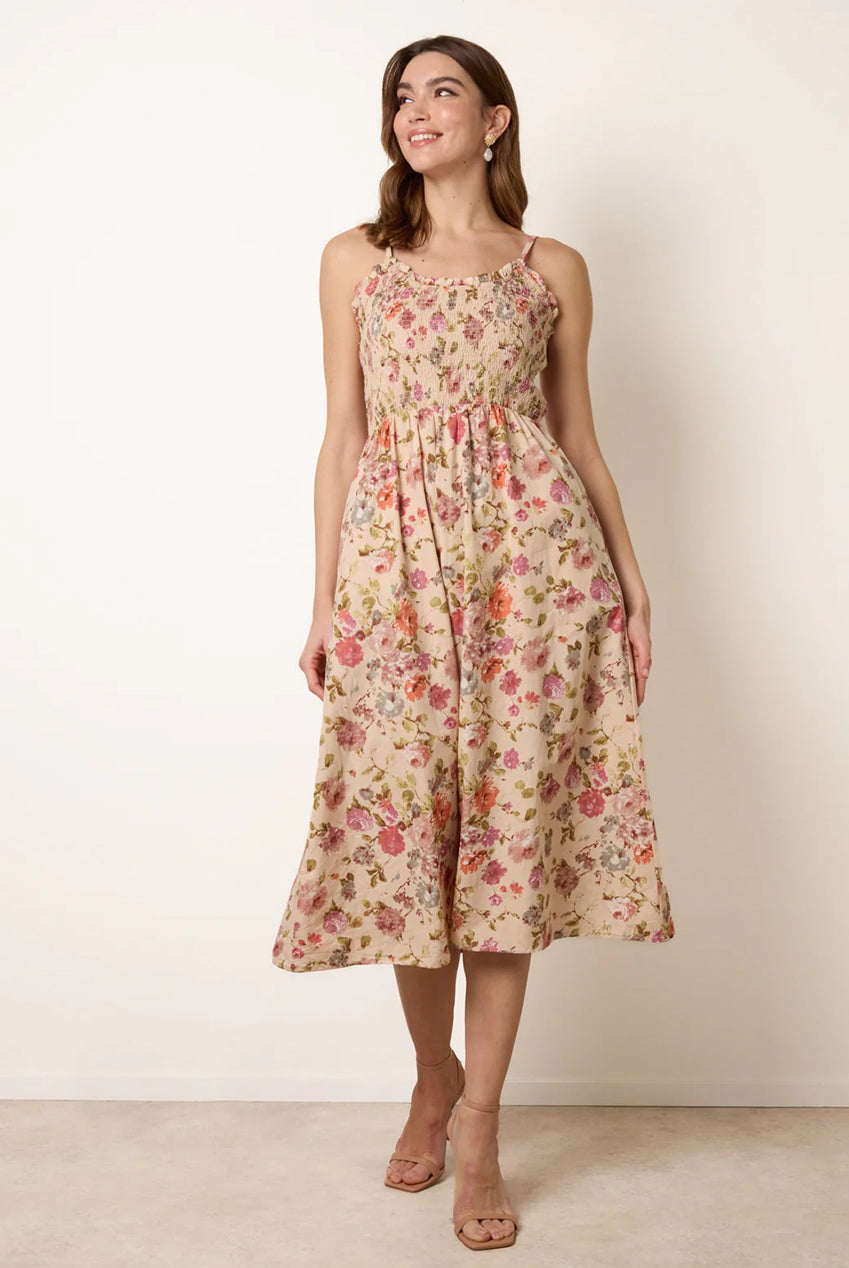 Floral Shirred Strappy Midi Dress BV269880063