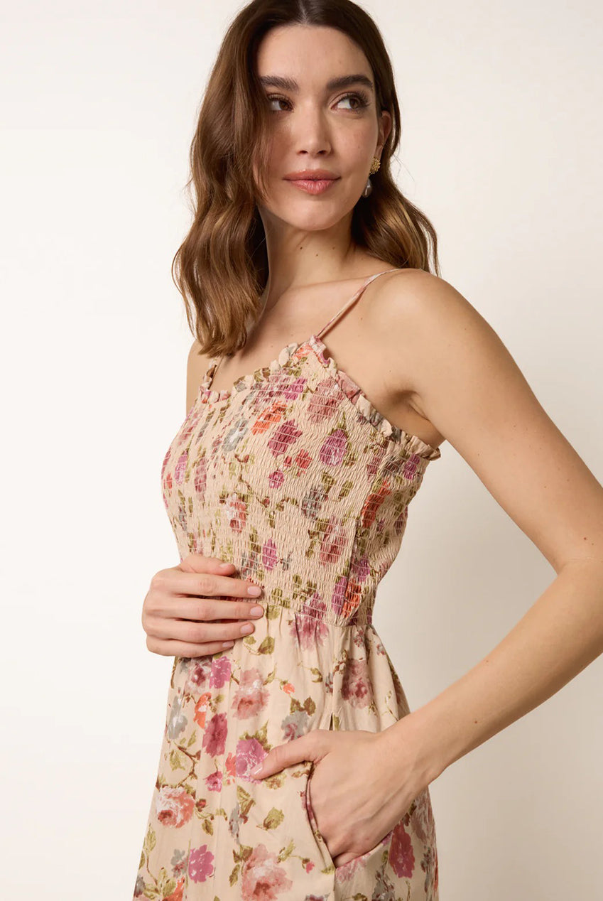 Floral Shirred Strappy Midi Dress BV269880063