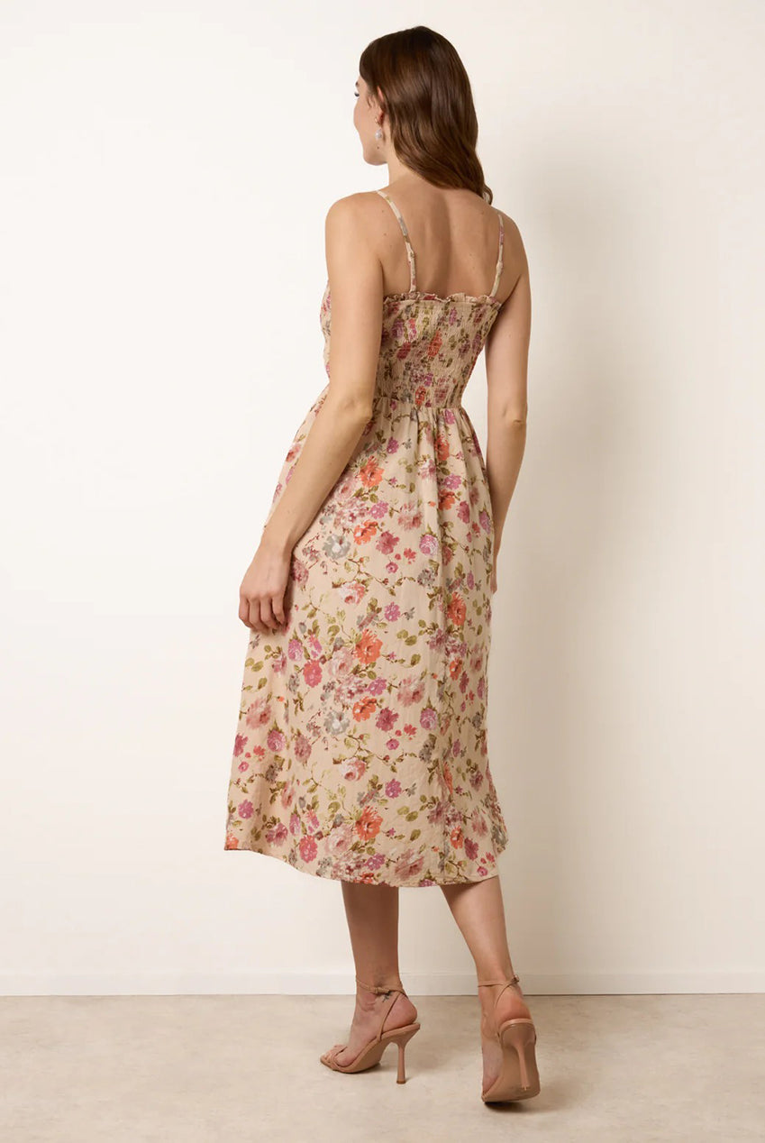 Floral Shirred Strappy Midi Dress BV269880063