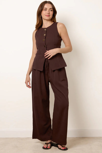 Chocolate - Round Neck Button Through Vest & Trouser Set by Blue Vanilla