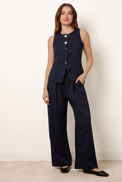Navy - Round Neck Button Through Vest & Trouser Set by Blue Vanilla