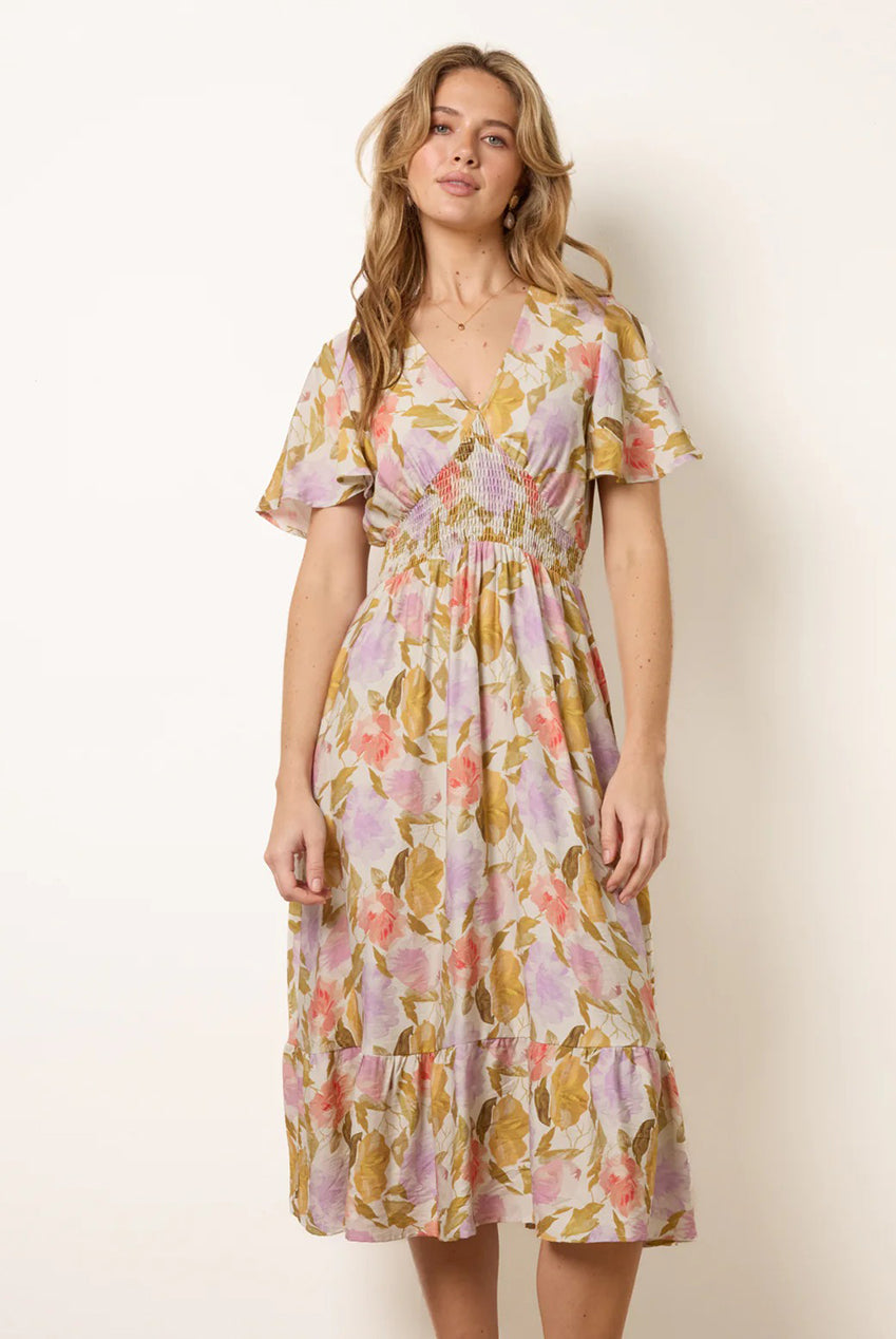 Floral Print Angel Sleeve Midi Dress BV269900063