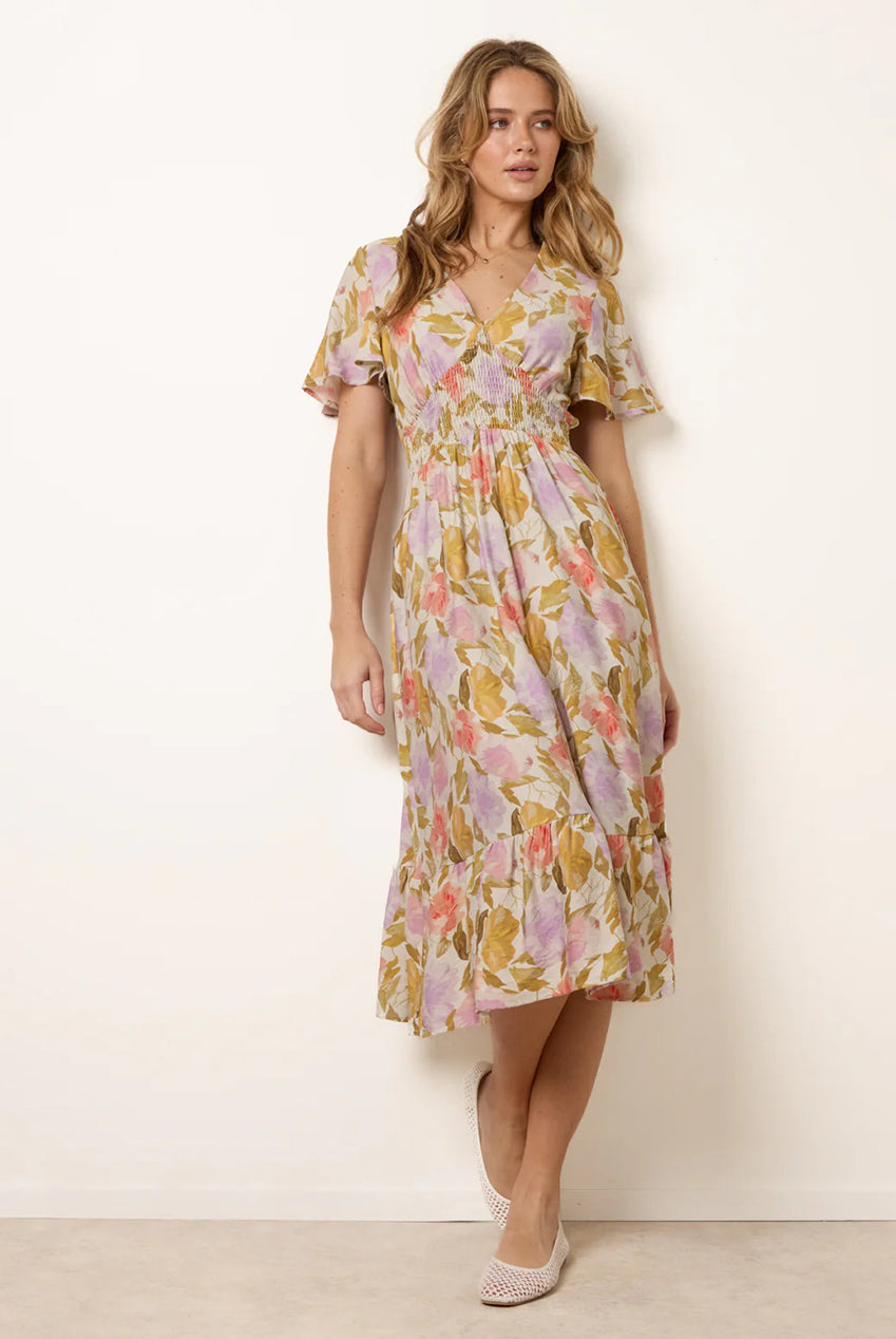 Floral Print Angel Sleeve Midi Dress BV269900063