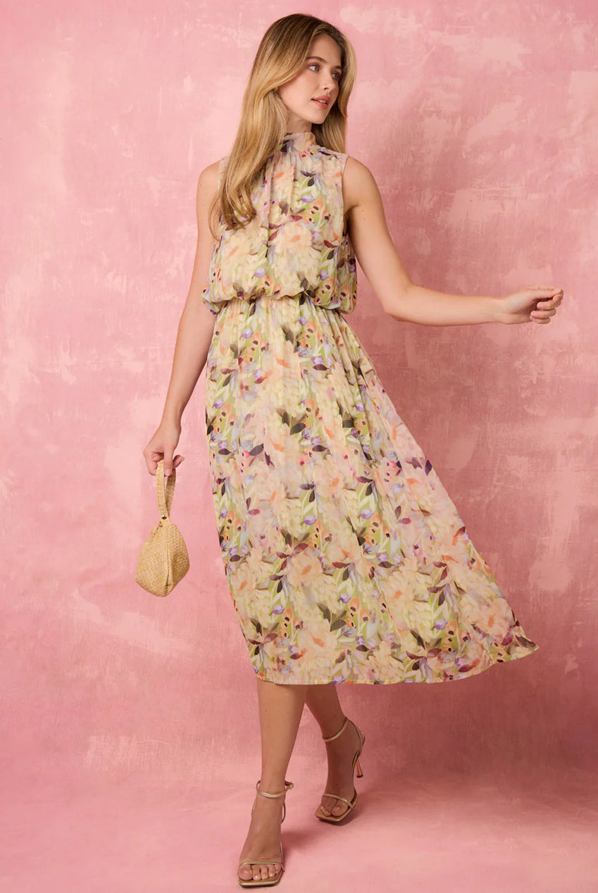 Watercolour Printed Sleeveless Midi Dress BV269906023
