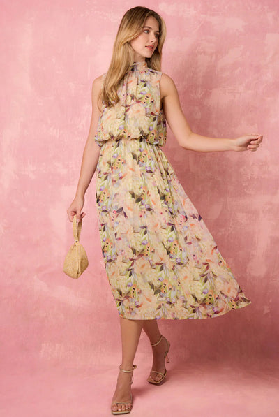 Green - Watercolour Printed Sleeveless Midi Dress by Blue Vanilla
