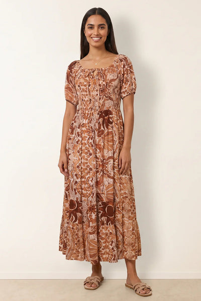 Brown - Tie Front Shirred Midi Dress by Blue Vanilla