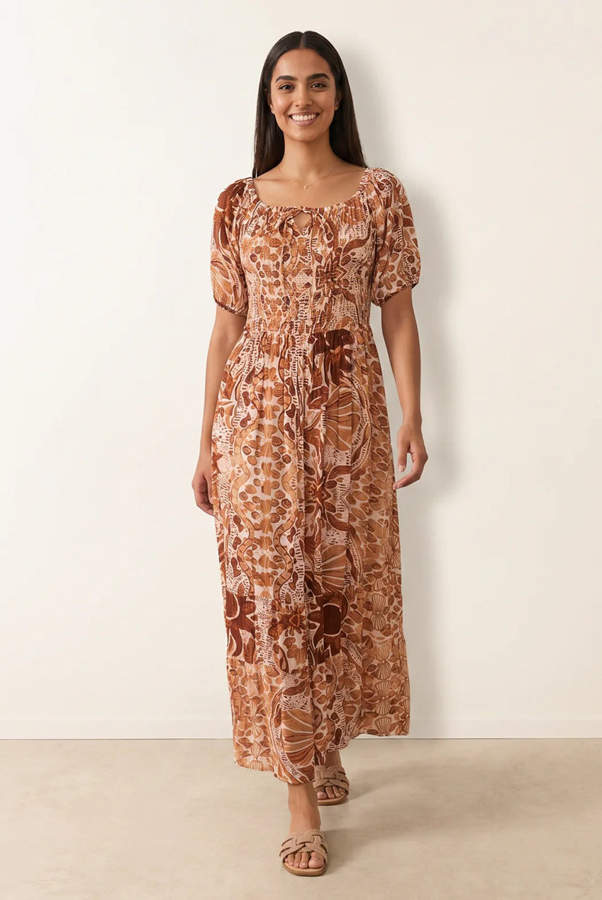 Tie Front Shirred Midi Dress BV269928025