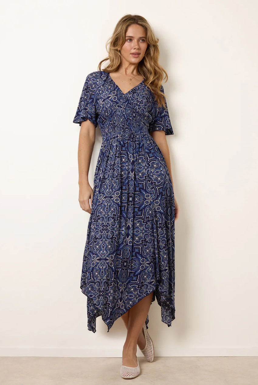Shirred Waist Hanky Hem Paisley Print Dress BV269931008