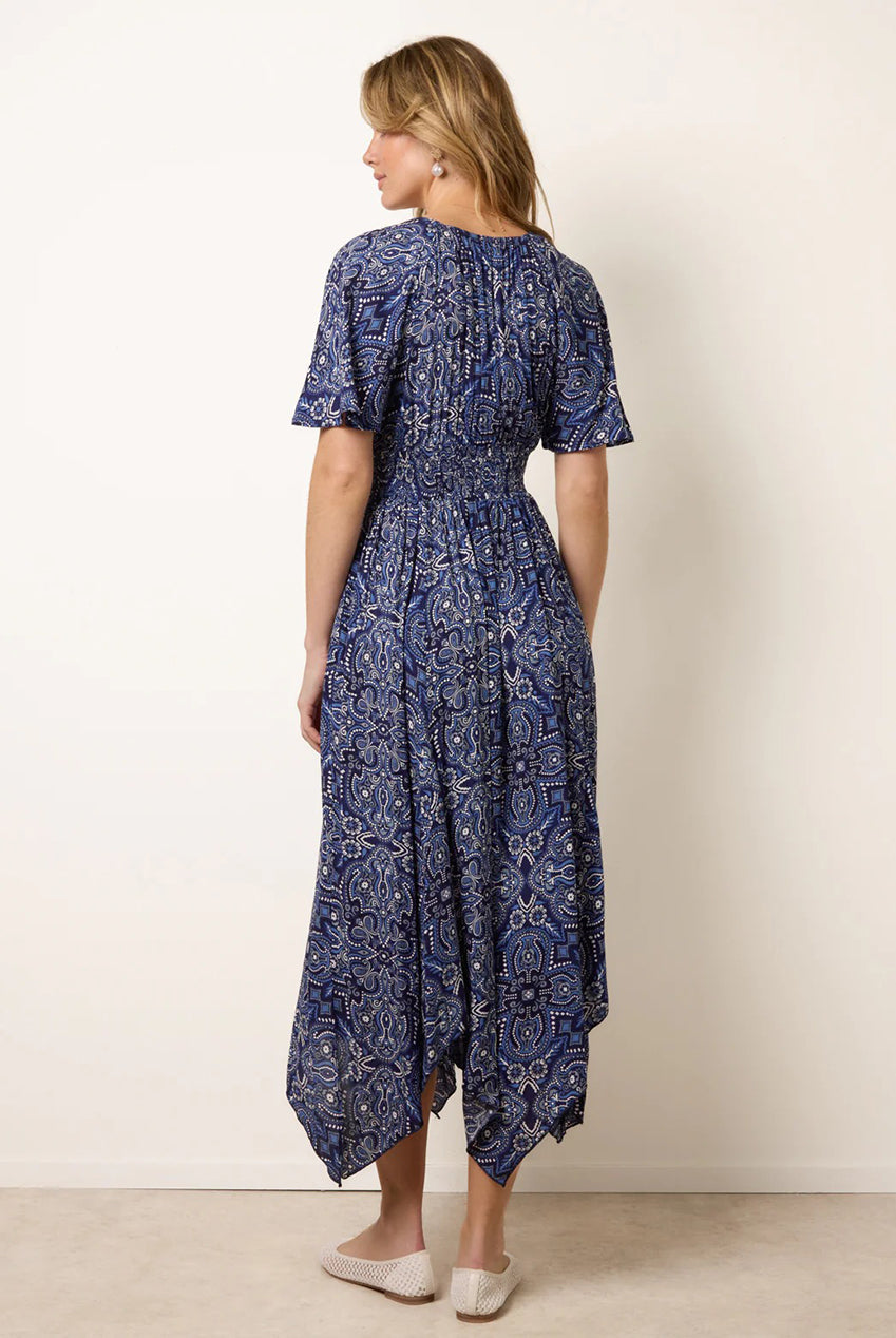 Shirred Waist Hanky Hem Paisley Print Dress BV269931008