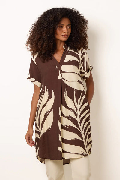 Chocolate - Palm Print Tunic Top by Blue Vanilla
