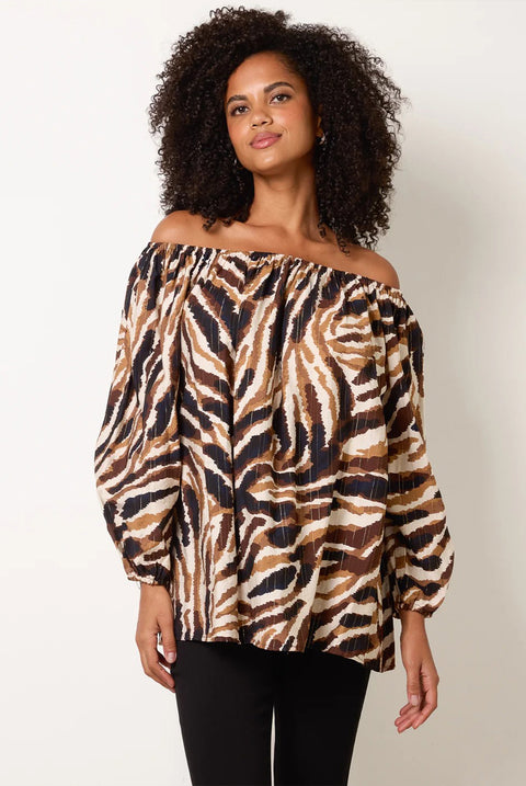 Tiger Print Volume Sleeve Blouse by Blue Vanilla
